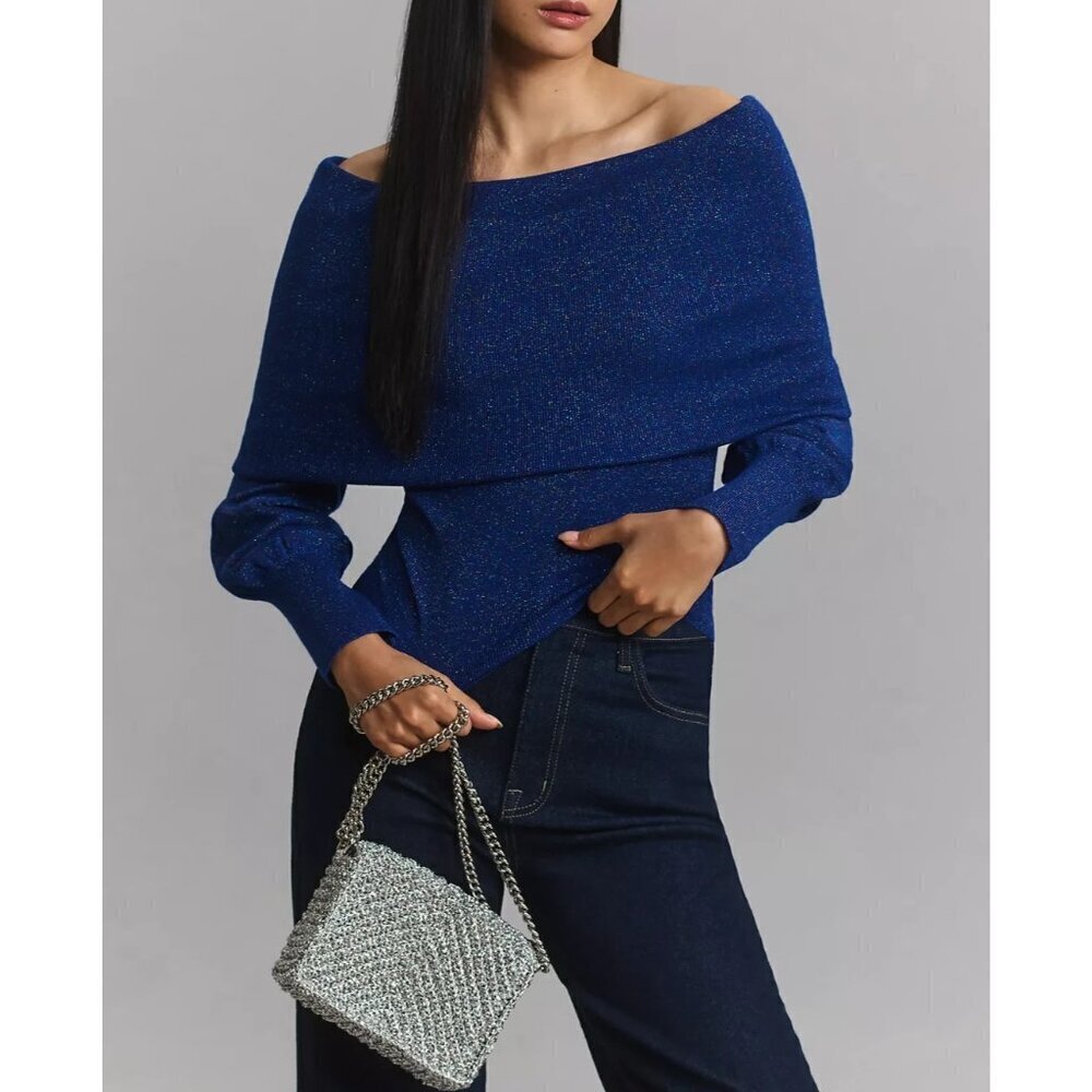 By Anthropologie Sensual Off-the-Shoulder Sweater NAVY BLUE sparkle XL